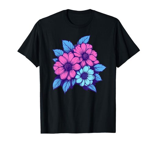 ピンクとブルーの花鮮やかなフローラルブーケTシャツ
