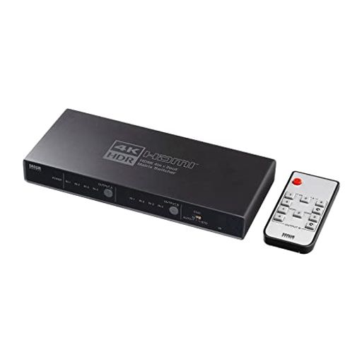 HDMI機器4台の映像・音声を切り替えて、2台のハイビジョンテレビやプロジェクターなどにマトリックス切替分配出力できるHDMI切替器です。 マトリックス型に切替・分配出力ができるので一般家庭でのホームシアターから展示会場、会議システムなど様々な使用に適しています。 高輝度HDR(ハイダイナミックレンジ)、HDCP2.2に対応しています。 接続ケーブルが全て同一方向に配置できるため綺麗に設置できます。 3つのEDIDモード選択機能があり接続環境によって最適なEDID情報を接続機器に伝えます。