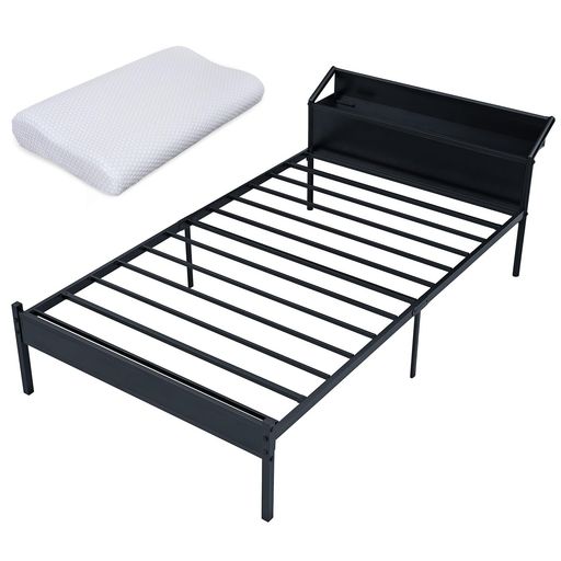 VECELOセミダブルベッド+枕セットベッドフレームブラック宮棚付き2口コンセント付き耐荷重300KG静音安..