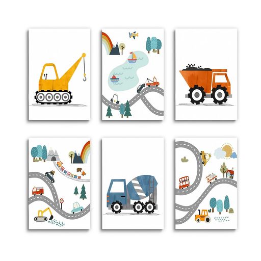 LAKELUUYAAウォールアートポスターカートゥーンカーアルファベット数字北欧風額無し6連キャンバス子供..