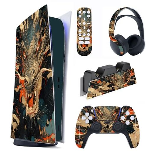 PlayVitalps5コンソール本体(デジタルバージョン)に対応用ステッカーシール、ps5コントローラー&充電ステーション&ヘッドセット&リモコンに対応するステッカービニールシール【ドラゴンの…