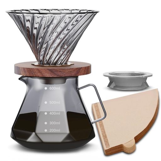 ESTVLB コーヒーサーバー 耐熱ガラス 木製ホルダー コーヒードリッパー 600ml 目盛付き 2~4人用 コーヒー ドリップ 器具 コーヒー ドリップ道具 フタ付き ハンドドリップコーヒーサーバー コ…