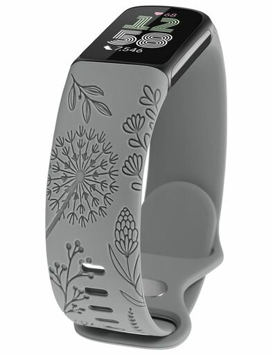 FitbitCharge6/Charge5バンドフィットビットチャージ6/チャージ5に対応柔らかいスポーツバンド花柄シリコン交換ベルトかわいいおしゃれ女性レディース通気防汗防水(グレー)