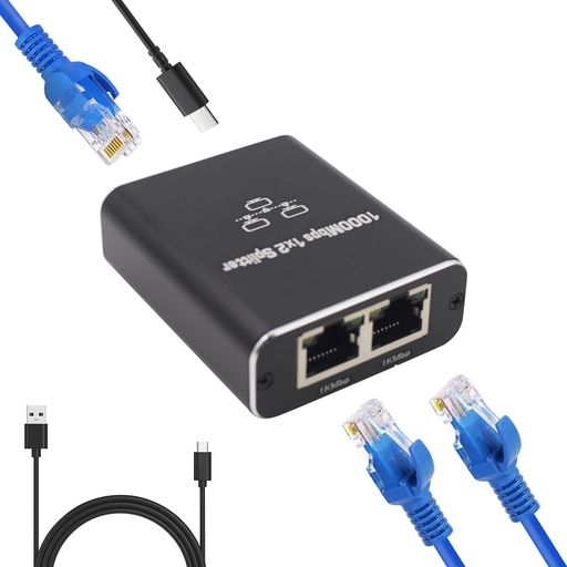 KKLM LAN 分配器 LAN ケーブル 分岐 RJ45 1000Mbps対応 1入力2出力 2台同時使用 USB 高速通信 Cat5e/Cat6/Cat7/Cat8 USB Type-C電源付属 ネットワーク拡張 PS5/PS4/PC対応