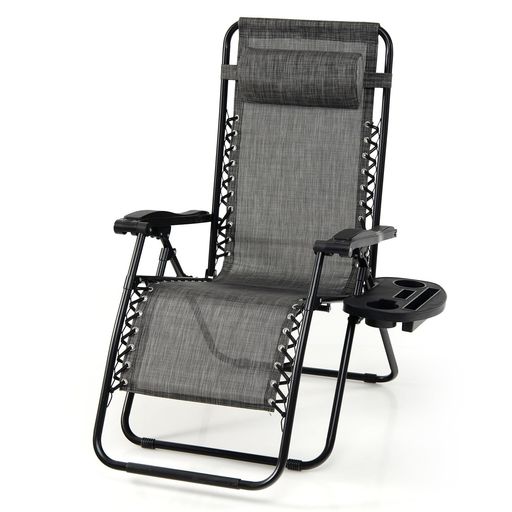 リクライニングチェア折りたたみ式一人掛け背もたれ角度調節可能アウトドアリクライニングチェアキャンプレジャー椅子ビーチチェアデッキチェアドリンクホルダー付き耐荷重140kgグレー