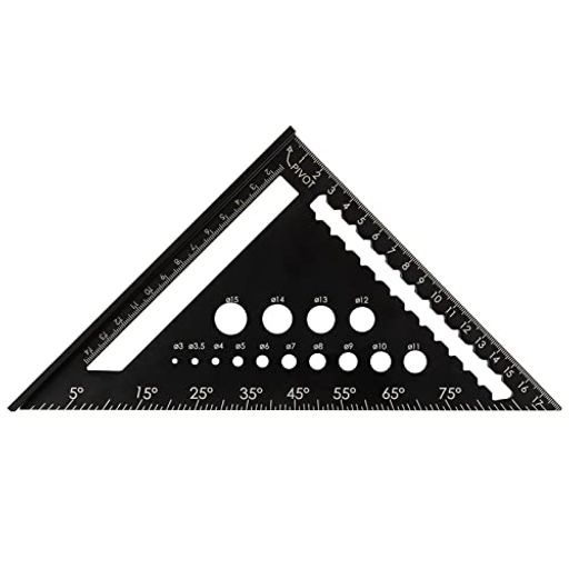 サイズ:約18*18cm、目盛:1mm/1°、色:黒。 この三角定規はアルミ合金製なので、錆びにくく、長持ちです。目盛りが両面についており、表も裏も使われます。 高さ9mm突き当てを装備、木材などをしっかり押さえて罫書き作業ができます。 18cm以内の長さ測定のほか、直線、角度や丸形も描けます。直径3mmから15mmまで14個の穴があり、穴あけるとき、ドリルガイドとしても使用可能です。 木板、木材カット、穴あけやDIY作業などに適しています。