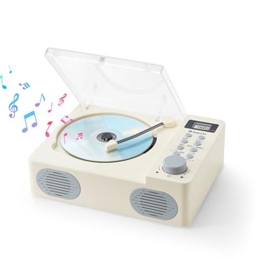 CDプレーヤー 【多機能CDプレーヤー】FMラジオ/CD/USB/AUX再生を一台に集約。多彩な音楽ソースに対応します。ラジオは自動周波数スキャンで放送局を簡単検索。最大20局のメモリ登録が可能で、お気に入りの局をすぐに呼び出せます。 【様々な場合で多様なファイルに対応】CD/CD-R/MP3など多様なフォーマットに対応。装飾用のレコードアームと透明防塵カバーがノスタルジックな雰囲気を演出します。カバーを開けると自動的に再生停止、閉めると自動的に再生再開します。リピート機能搭載で、部屋、パーティー、レストラン、語学学習、ヨガ、子供教育など様々なシーンでご利用いただけます。「ワーニング️レコードアームは装飾用であり、実際の再生機能はございません」 【高音質FMラジオ内蔵】このCDプレイヤーは高音質FMラジオ機能を完備。76MHz~108MHzの広範囲な周波数をカバーし、クリアな受信感度で音楽番組はもちろん、ニュースやトーク番組も臨場感たっぷりにお届けします。お部屋で、仕事中に、いつでもあなたの好きなサウンドを伴侶に。 【AUX&amp;3.5mmイヤホンジャック付き】3.5mmイヤホンジャックとAUX出力端子を装備。