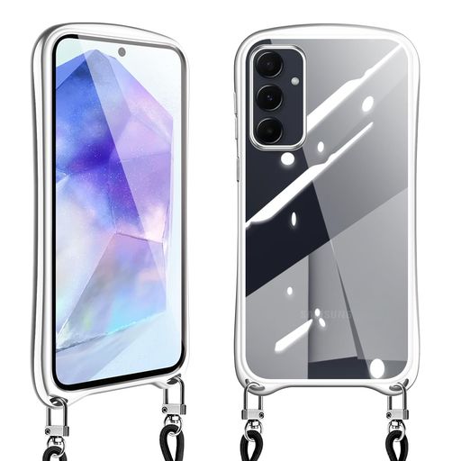 Rakuten - GalaxyA555GケースクリアショルダーギャラクシーA55スマホケースカバー耐衝撃肩掛け首掛け斜めかけケース可愛いかわいい韓国透明TPU長さ調整可能取り外し可能(シルバー)
