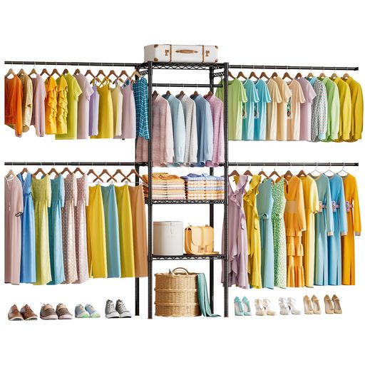 「Humrriet」パイプハンガー伸縮式衣類収納ラック洋服かけラック洋服ハンガーワードローブ5本ロッド3段棚付き調整可能頑丈大容量省スペースブラック