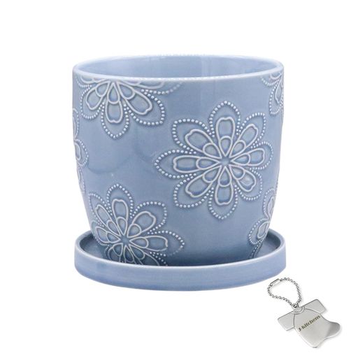 Rakuten - J-kitchensSelect花瓶陶器植木鉢北欧花紋デザインポットブルーLΦ15.5xH14.5cmオリジナルタグ付