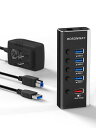 ROSONWAYUSBハブ電源付きアルミ製4ポートUSB3.0高速拡張+1つの急速充電ポートUSBHubセルフパワー12V/2AACアダプタ独立スイッチ付き