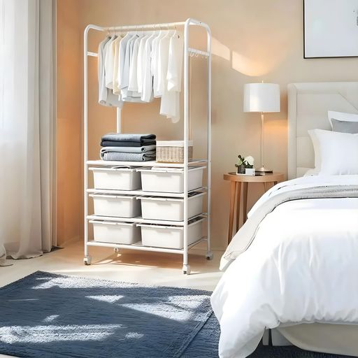 ハンガーラック収納棚キャスター付きメタル白引き出し付き棚付きワードローブおしゃれ洋服掛け帽子掛けカバン掛け衣装移動式コート掛けワイドスリム大容量多機能収納クローゼット組…