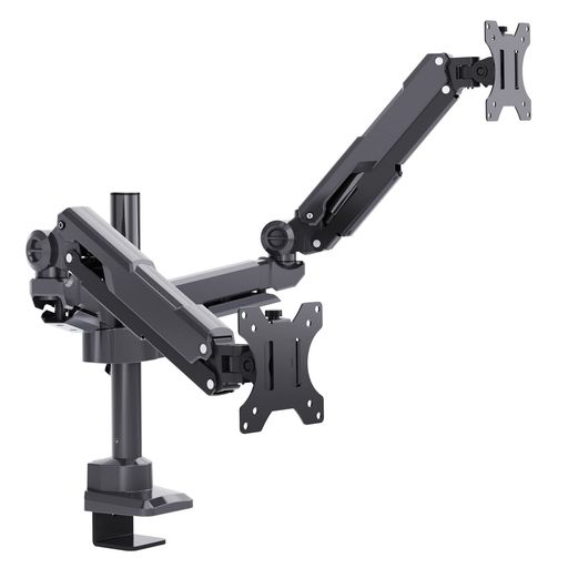 32インチまで、2kgから8kgまで(1つのアームに対し)のモニターに対応 取付方式はクランプ方式 / グロメット方式に対応。クランプは20mmから50mmまでの厚さ、グロメットは20mmから40mmまでの厚さに取り付け可能 保証期間はご購入日より1年間(保証書必要) VESA 75x75mm / 100x100mmに対応 取付必須スペースは幅:110mm / 奥行:95mm 可動範囲は回転:360°(+180° / -180°)、パン(左右):180°(+90° / -90°)、チルト(上下):135°(+90° / -45°)