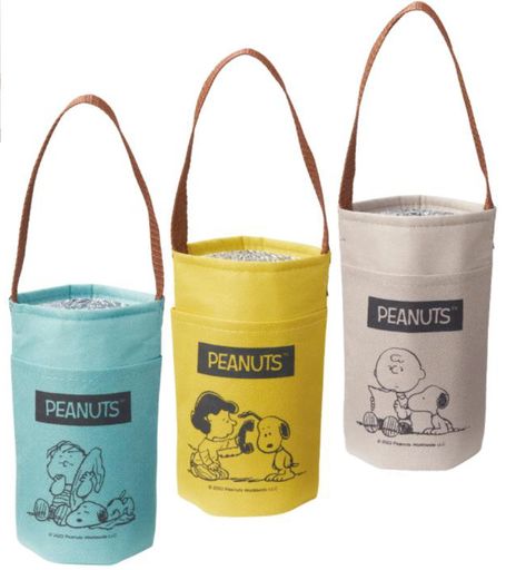 SNOOPY保冷バッグペットボトル用アルミ保冷保温ポケット付ハンドル付きイエロー・グレー・ブルーどちら..