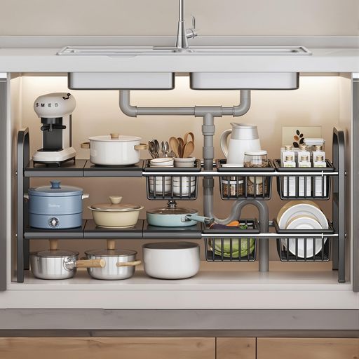 JPSunBloomシンク下収納ラック洗面台下収納伸縮式2段収納キッチンシンク下フリーラック伸縮棚流し台下..