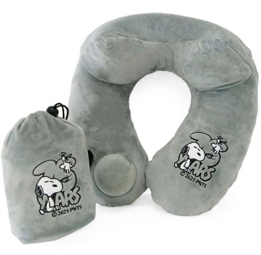 SNOOPYネックピロー空気枕エアー枕旅行飛行機キャンプバス快適ポンプ式30秒肌触り良いマイクロベルベッ..