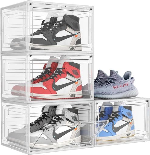 Wallfireシューズボックス4個大容量収納ボックス透明PP靴箱靴収納アクリルUVカット靴棚スニーカーボックス積み重ね可能防塵横型長辺透明扉付き磁石開閉簡単組立シューズコレクション空…