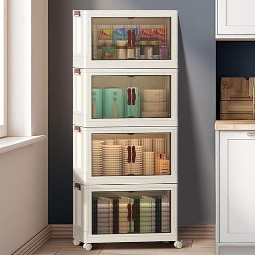 Roqao収納ボックス折り畳みコンテナボックス折り畳み透明扉付き折りたたみボックス蓋付き衣装ケースキャスター付き省スペース押し入れ収納ケース家庭用大容量衣類、タオル(49x32x113.5cm178L)