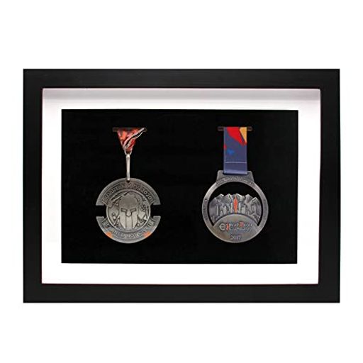 木製メダルディスプレイシャドーボックスフレーム-2つのメダルディスプレイケースランナーマラソンサッ..