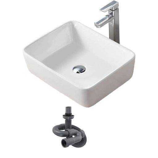 【混合水栓とS型排水トラップ付き】ur洗面ボールセット408x310x130mm手洗い鉢洗面台洗面鉢手洗い器洗面器陶器焼き物セラミック臭気防止延長用パイプ付きオーバーフロー無し