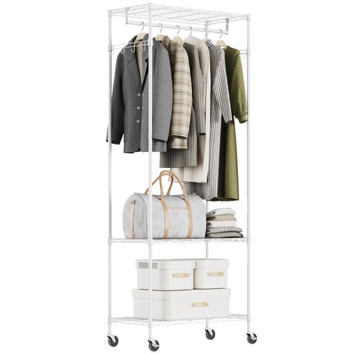 IZEUKハンガーラックキャスター付き2段ハンガーパイプ1本洋服ラックポール収納棚服掛け防錆頑丈幅75x奥行40x高さ189.3cmポール径19.1mmパイプハンガーコート掛けおしゃれアジャスター付属