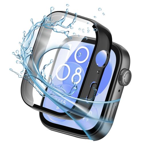 FORHUAWEIWATCHFIT3ケースガラスフィルム+PCフレーム一体型HUAWEIWATCHFIT3用防水防塵保護ケース全面保護装着簡単高透過率指紋防止(ブラック)