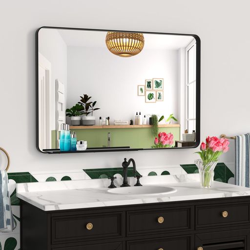 BEAUTME洗面鏡浴室鏡壁掛け鏡収納ラック姿見鏡全身鏡アルミ壁掛けミラーおしゃれ鏡洗面所化粧玄関お風呂ウォールミラー黒いトレイ付き91.15x60.9cm