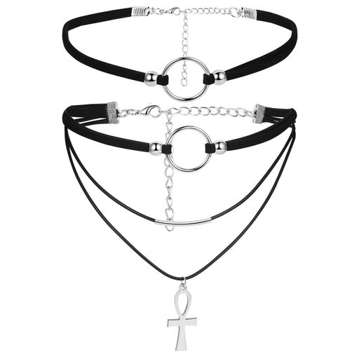 [Flongo] 十字架 レディース チョーカー 首輪 人間: o字 円形 セット ネックレス 黒 古典 シンプル Ankaクロス レザー 紐 90年代 チェーン-アクセサリー 女性 誕生日 プレゼント