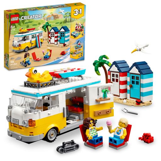 塑膠積木 - LEGO Creator 3イン1 ビーチキャンパーバンビルディングキット キャンピングカーからアイスクリームショップ、ビーチハウスに変身 サーファーの男の子と女の子への素晴らしいギフト ごっ…