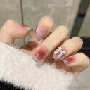 24pcsネイルチップ蝶结び装飾青いフレーム透明感取り外し可能な大人女性爪飾り披露宴パーティー二次会入学式卒業式入園式成人式花火大会お花見