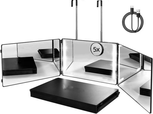 メイク 【超大サイズ&amp;折りたたみ式三面鏡】三面鏡は折りたたみ式です。展開横幅が広い三面鏡なので、自分では見えない部分が良く見え、セルフヘアカットなどにも使いやすいです。折りたたみ式のため、使用しないときはA5ノートパソコンのような形でコンパクトに収納が可能です。さらに、ホコリや汚れから守ることができますよ。 【高品質】この三面鏡は高品質ガラス、HDミラーを作って、透明度、反射性と解像度が高いです。外観は平らで滑らかなABS素材で保護されており、沖突を防ぐことができます。三面鏡本体がきれいに保ちます。質感が良く、縁が厚く堅牢なので倒れにくいです。DIYヘアカットや毛染めなど、さまざまな場面で活躍しそうですよね。 【充電式コードレスLED三面镜】本体にリチウムバッテリーを内蔵しました。コードレスだから設置場所を問わず、どこでもご使用可能!約2時間のフル充電で、最大4-6時間使用できる。いつでもどこでもワイヤレスで使用でき、とても便利です。女性の贈り物にぴったりです。 【明かさ調節可能】ワンタッチでLEDライトをON/OFFにします。