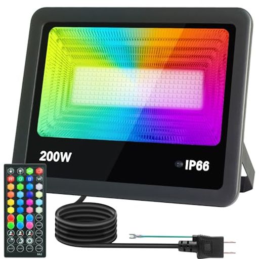 【LED投光器商品仕様】光源:LED, パワー:200W (ハロゲン1000W相当), 照射角度:120°, 照明範囲:12Mx12M, コンセント式:2ピンプラグ + アース線, 入力電圧:90-110V対応(50/60Hz), コード:1.5メートル, 防水等級:IP66, リモコン操作簡単 色:W=白色, R=赤色, G=緑色, B=青色, 紫色 オレンジ色 黄色 水色など20種類色。 【明るくてきれいな光色】240粒 SMDチップを搭載、金属アルミニウムの鱗片状反射カップ、超高発光効率を発揮でき、 10000LM超明るい光色を提供します。また、照射角度は120°です。光を無闇の空に散らずに照明したい場所をしっかり照らします。壁や樹木などをライトアップするとか、店の看板灯にするとか、アクアリウム照明とか、水槽照明とか、様々なシーンに大活躍可能です。 【RFワイヤレスリモコン操作便利】 重要:360°いかなる方向から8-10M遠隔操作可能です。 1W=白色 R=赤色 G=緑色 B=青色 紫色 オレンジ色 黄色 水色など20種類単色照明モードを選択できます。