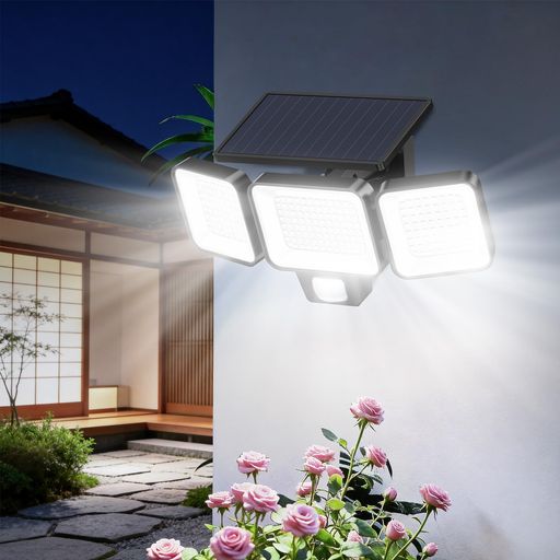 【2026年最新センサーライト・224LED配置で実現する、広域防犯照明】従来の数十個のLED配置を大幅に進化させ、224個の高品質LEDを3つのライトヘッドに最適配置しました。最大3000lmの光束と270°の超広角照射により、玄関や庭の隅々まで明るく照らすソーラーセンサーライトです。単なるledライトを超え、防犯ライトとして夜間の帰宅時やご家族の見守りに最適で、屋外照明の機能と防犯性を両立し、安心感を提供します。 【135°角度調整、8mの広域・長距離センサーで、不審な気配を瞬時に威嚇】発光パネルは135°の範囲で自由に角度調整が可能、最大8mの検知エリアをカバーする高感度PIRセンサー(人感センサー)を搭載したセンサーライト屋外です。ペットと人の動きを高精度で識別し、不審な接近を感知すると即座に最大輝度で点灯します。人感センサーライトの利便性を備え、心理的威嚇効果で侵入を未然に防ぎ、駐車場や軒下の死角監視にも有効です。 【大型ガラスソーラーパネル+変換効率30%超で、安定充電を実現】プラスチック製では実現できない高い耐久性と光透過率を誇る、大型ガラス面ソーラーパネルを採用したソーラーライト屋外防水です。