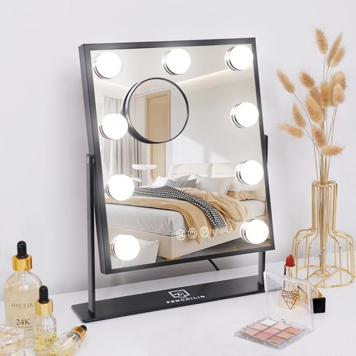 FENCHILIN女優ミラー卓上ミラー化粧鏡卓上ライト付き9個高輝度LED電球10倍拡大鏡付きハリウッドミラー三色照明モード明るさ無段階調節360度回転可能10倍拡大鏡付き(ブラック)