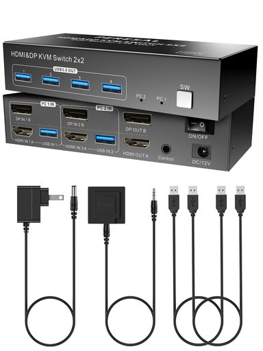 PERESALデュアルモニタHDMIDPKVMスイッチ、デュアルPCまたはノートパソコン用の4K60HzデュアルモニタKV..