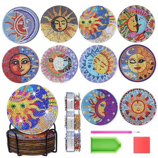 10個ダイヤモンドアートコースターキット太陽BetterJonny5Dダイヤモンド塗装キットホルダー付きDIY木製..
