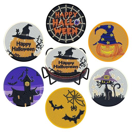 PAVIKEハロウィンコースター(6枚セット)DIYダイヤモンドアートコースターハロウィンダイヤモンドコース..