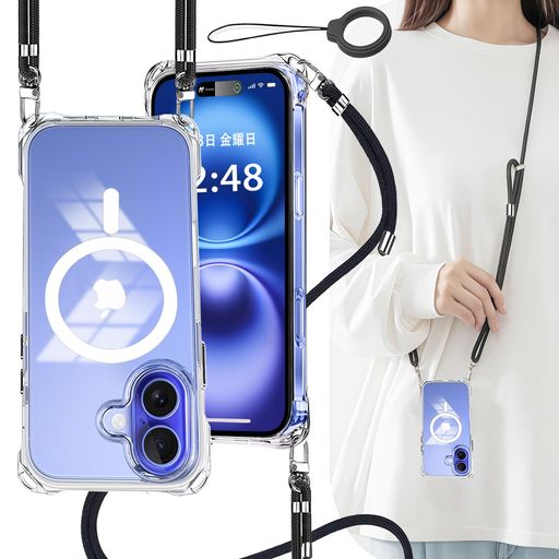 OJBSENiPhone17用ケースアイフォン17ケースショルダー【ストラップ2枚付き】高性能Magsafe対応肩がけ首掛け紐付きき調節可能斜めがけマグネット搭載いphone17カバー頑丈透明PC+シリコンTPU