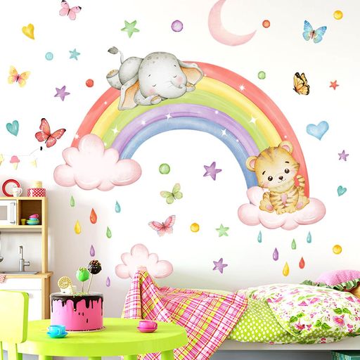 ウォールステッカー虹雲月愛雨粒飾りおしゃれシール蝶スター壁紙剥がせる高度計測デコリビングルーム幼..