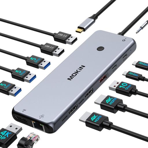 USB CドッキングステーションHDMI2つ【MOKIN 2*HDMI+DP三画面出力4K@60p MSTデュアル】type cドッキングステーション pc3台切り替え アルミ製 typec ハブ PD100W出力 2*USB C 10Gbps &