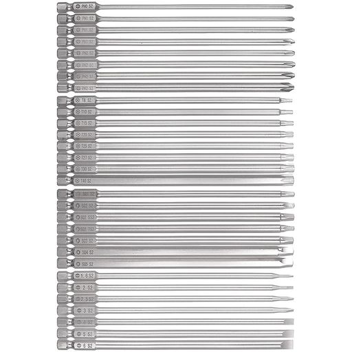 サイズ:7本マイナスドライバービット+8本クロスドライバーヘッド+8本プラムドライバーヘッド+7本スクエアヘッド。六角軸径:6.35mm(1/4インチ)、長さ100mm。 材質:S2合金鋼製。特殊熱処理、耐衝撃性、靭性、スーパーハード耐摩耗性、長い耐用年数の特徴。表面はニッケルメッキで特別に処理されており、滑らかで耐摩耗性があり、錆びを防ぎます。 磁気:磁力が強く。揺れにくく、フィット感も高い、ネジを吸収できるので使いやすく、滑り止めに優れています。作業効率を大幅に向上させます。 利便性:4種類のカッターヘッドと30種類のサイズにより、いつでも使用頻度が高くなるだけでなく、同じサイズのカッターヘッドが見つからないために作業できなくなるリスクも軽減されます。 適用範囲:機械、エンジニアリング、電気、家電製品や精密機器のメンテナンスに使用できます。電動ドライバー、手動ドライバー、電動ドリル、エアドリルなどに適しています。