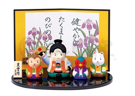 [薬師窯]五月人形日本製瀬戸物陶器錦彩桃太郎飾り