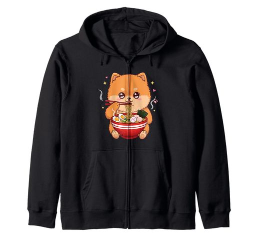 CutePupEnjoyingRamenBowlPetWithChopsticksジップパーカー