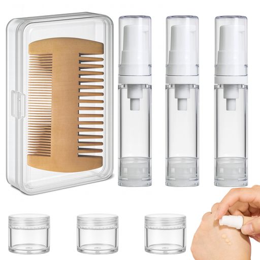 トラベルボトルセット真空ポンプボトル8個セット小分けボトル透明真空エアレスポンプボトル漏れ防止10ml化粧水ボトルx3・5mlクリームジャーx3収納ケース&天然桃木製両面櫛付き
