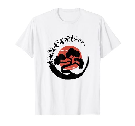 盆栽の木円相サークル鳥Tシャツ