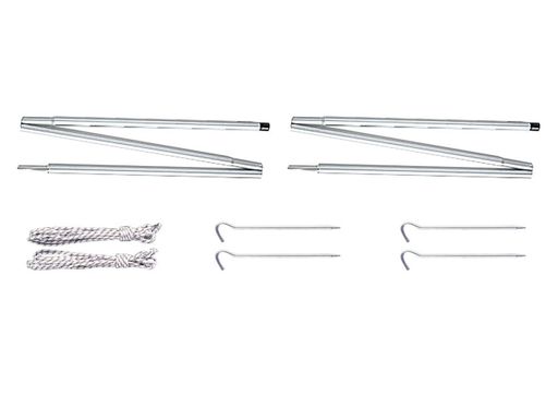 【材質】アルミφ22mm、アルマイト加工 【サイズ】φ22mmパイプ(3本継)、190cm 【セット内容】アルミポール190cm(x2)、自在付二又用ロープ(7mx2)、ジュラピンペグ(21cmx4)、収納ケース付 【平均総重量】2.75kg パネルの跳ね上げに有効な190cmポール
