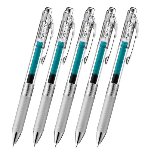 【特長】スッと書けてサッと乾く ゲルインキボールペン 【1本あたりサイズ/重さ】幅 16 x奥行 11mm x 長さ 147mm/13g 【インキ色】ターコイズブルー 【芯径】0.5mm【本数】5本 【材質】後軸・頭冠=再生PC ノック・前軸=ABS樹脂メッキ グリップ=エラストマー クリップ=鉄