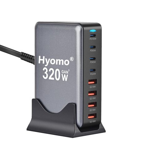 320WGaN充電器8ポート【GaNFastIII4USB-C&4USB-A1.5m電源ケーブル】単ポート100W*28台同時急速充電複数ノートPCに急速充電対応MacBookProPD対応