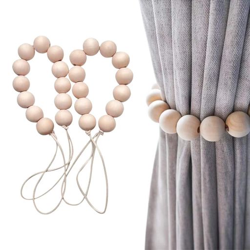カーテンタッセルカーテン留め飾りウッドビーズナチュラルロープタイプ取り付け簡カーテンクリップ房掛けお洒落2個セット