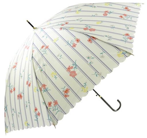 ベーシックスタンダード長傘レディースおしゃれ長柄フェイクレザーハンドル58cmワンタッチジャンプ傘丈夫耐風グラスファイバー骨かわいいフリルカット花柄ストライプホワイト